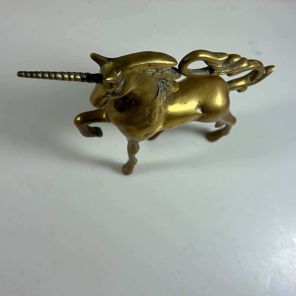 Vintage Brass Unicorn Figurine Gold Prancing Mythical Statue - Picture 2 of 8